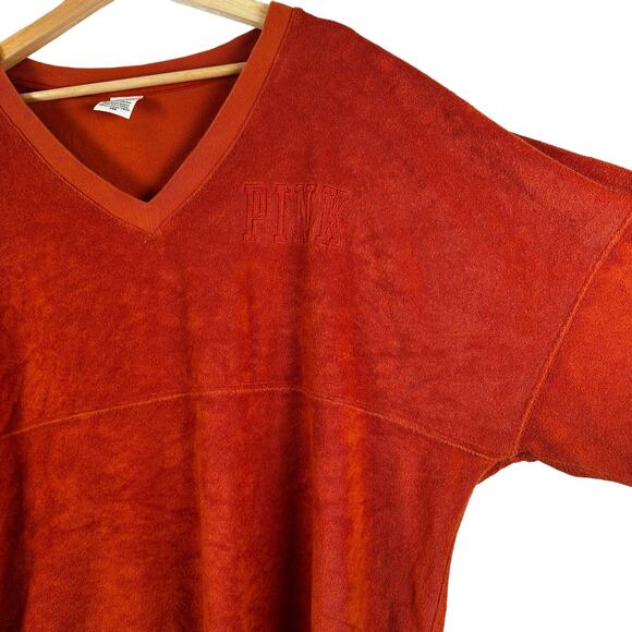 Victoria's Secret Pink Varsity Terry V-Neck Long Sleeve Orange Sweater Size XL - Picture 4 of 12